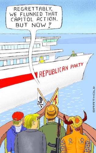 Cartoon: Rioters Post-Orlando Fantasies (medium) by Barthold tagged donald,trump,orlando,cpac,conservative,political,action,conference,congress,gop,pirate,ship,capitol,rioters,jake,angeli,othala,rune,stage,design,launching,assault,capture,seizure,republican,party,cartoon,caricature,barthold,donald,trump,orlando,cpac,congress,gop,pirate,ship,capitol,rioters,jake,agneli,othala,rune,launching,assault,capture,seizure,republican,party,cartoon,caricature,barthold
