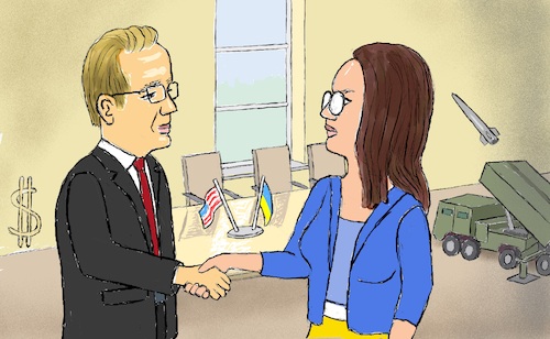 Cartoon: Rohstoff-Deal Hintergedanken (medium) by Barthold tagged rohstoff,deal,rohstoffdeal,usa,ukraine,ende,april,2025,fossile,energien,seltene,erden,erlöse,gemeinsamer,fonds,mittelverwendung,waffenkäufe,beispiel,patriot,systeme,wiederaufbau,vages,sicherheitsversprechen,scott,bessent,finanzminister,julia,swyrydenko,vize,regierungschefin,cartoon,karikatur,barthold,rohstoff,deal,rohstoffdeal,usa,ukraine,ende,april,2025,fossile,energien,seltene,erden,erlöse,gemeinsamer,fonds,mittelverwendung,waffenkäufe,beispiel,patriot,systeme,wiederaufbau,vages,sicherheitsversprechen,scott,bessent,finanzminister,julia,swyrydenko,vize,regierungschefin,cartoon,karikatur,barthold