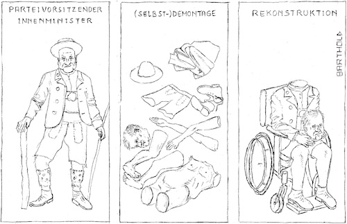 Cartoon: Rücktritt Hü und Hott (medium) by Barthold tagged cdu,csu,union,asylstreit,zurückweisungen,grenzen,nationale,europäische,lösung,richtlinienkompetenz,ultimatum,innenminister,ministerentscheidung,horst,seehofer,ankündigung,rücktritt,selbstdemontage,körperteile,rekonstruktion,rollstuhl