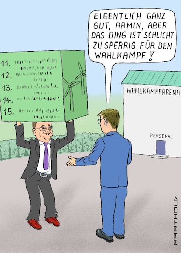 Cartoon: Sperriger Wahlkampf (medium) by Barthold tagged wahlkampf,union,cdu,armin,laschet,15,punkte,klimaprogramm,turbo,erneuerbare,kompliziert,komplex,ungeeignet,großer,quader,veranstaltungshalle,cartoon,karikatur,barthold,wahlkampf,union,cdu,armin,laschet,15,punkte,klimaprogramm,turbo,erneuerbare,kompliziert,komplex,ungeeignet,großer,quader,veranstaltungshalle,cartoon,karikatur,barthold