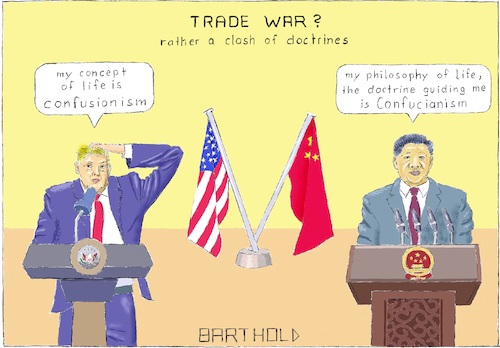 Cartoon: Trade War? (medium) by Barthold tagged donald,trump,xi,jinping,confusion,confusionism,confucianism,lectern,speachers,desk,flag,trade,war,doctrine,china,usa,united,states,america
