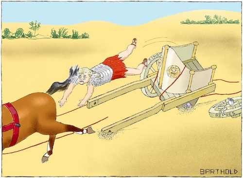 Cartoon: Trump having Chariot Accident (medium) by Barthold tagged donald,trump,caricature,usa,united,states,midterm,elections,2018,republicans,loss,majority,house,representatives,horse,chariot,accident,wheel,roman,charioteer,soldier,axle,fracture