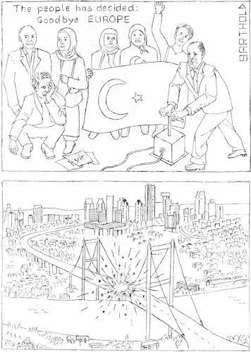 Cartoon: Turk. decis. Goodbye EUROPE (medium) by Barthold tagged referendum2017,turkey,erdogan,hayir,15julymartyrsbridge,bosphorus,plungerdetonator,blasting,istanbul