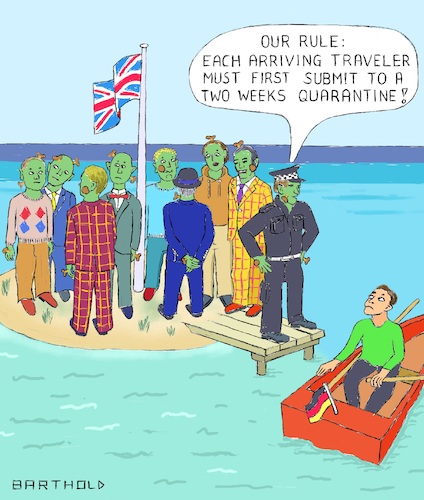 Cartoon: U.K. - Two Weeks Quarantine (medium) by Barthold tagged corona,sars,cov2,pandemic,measures,great,britain,june,2020,arriving,travelor,travellor,mandatory,quarantine,priti,patel,isle,rowboat,policeman,officer,cop,two,weeks,caricature,barthold,corona,sars,cov2,pandemic,measures,great,britain,june,2020,arriving,travelor,travellor,mandatory,quarantine,priti,patel,isle,rowboat,policeman,officer,cop,two,weeks,caricature,barthold