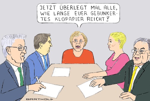 Cartoon: Warum vier Wochen? (medium) by Barthold tagged corona,virus,pandemie,zweite,welle,lockdown,november,2020,hamsterkäufe,klopapier,dauer,vier,wochen,winfried,kretschmann,markus,söder,angela,merkel,munuela,schwesig,armin,laschet,krisentreffen,kanzleramt,ministerpräsidentenrunde,cartoon,karikatur,barthold,corona,virus,pandemie,zweite,welle,lockdown,november,2020,hamsterkäufe,klopapier,dauer,vier,wochen,winfried,kretschmann,markus,söder,angela,merkel,munuela,schwesig,armin,laschet,krisentreffen,kanzleramt,ministerpräsidentenrunde,cartoon,karikatur,barthold