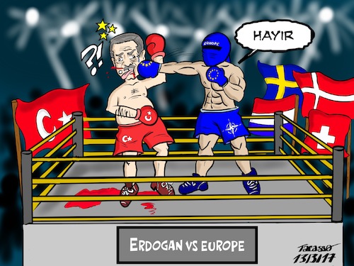 Cartoon: Europe_vs_Erdogan (medium) by Tacasso tagged erdogan,demokratie,democracy,turkey,türkei,schweiz,switzerland,sweden,dänemark,netherlands,holland,niederlande,deutschland,germany,recep,tayyip,eu,nato,präsidialsystem,akp
