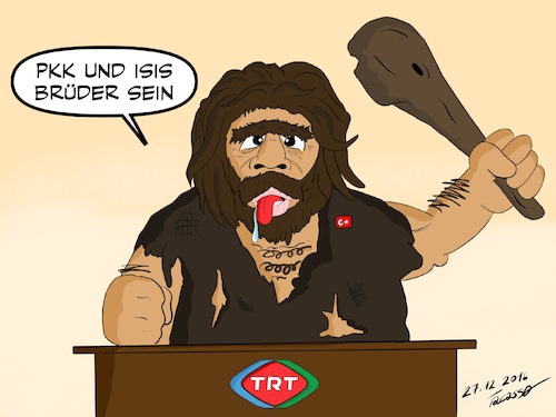 Cartoon: TRT_Moderation_Medien_Tuerkei (medium) by Tacasso tagged neandertaler,kurden,türken,trt,medien,türkisch,höhlenmensch,keule,kurdistan,kurdisch,moderation,moderator,tv,fernsehen