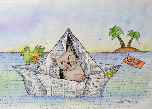 Cartoon: gute reise!  wohin gehts ? (medium) by katzen-gretelein tagged traumschiff,katze,reise,meer,zeitung,kakadu