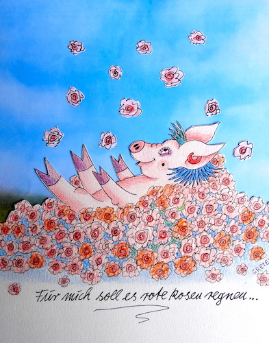 Cartoon: in rosen gebettet (medium) by katzen-gretelein tagged schwein,glück,rosen