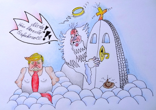 Cartoon: trump an der himmeltür (medium) by katzen-gretelein tagged politik,trump,himmel,einfuhrzoll