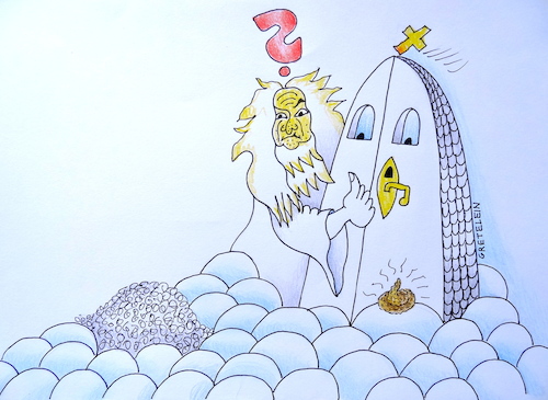 Cartoon: wie aus dem nichts ... (medium) by katzen-gretelein tagged himmel,blumenkind,bekannte,persönlichkeit,petrus,wolken,himmelspforte,religion,kommune