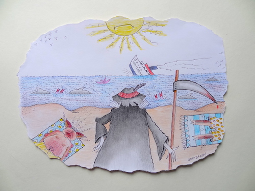 Cartoon: unter südlicher sonne (medium) by katzen-gretelein tagged sonne,meer,ferien,sensenmann,urlaub,schiffsuntergang,haiatacken,sonnenbrand,herzstillstand