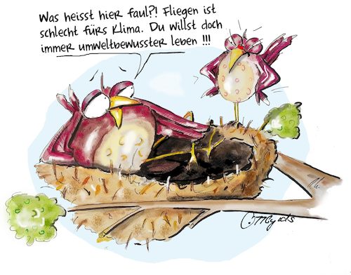 Cartoon: Umweltbewusst (medium) by OTTbyrds tagged klima,umweltbewusst,umwelt,flugscham,fliegen,co2,klimawandel,faul,beziehungen,ausreden,vorwürfe