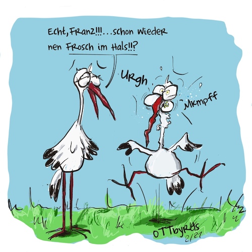 Cartoon: Unter Störchen (medium) by OTTbyrds tagged redewendungen,störche,frosch,im,hals,halsprobleme,beziehungen,essgewohnheiten,verschlucken