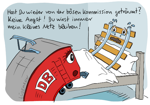 Cartoon: Aufspaltung des Bahnkonzerns (medium) by Lüdemann tagged schienengipfel,verkehrsminister,db,deutsche,bahn,ag,konzern,schiene,scheuer,csu,cdu,deutschland,verkehrsministerium,ankündigung,politik,ice,auto,schienennetz,eisenbahn,europa,trennung,netz,betrieb,lok,bett,zusammen,netzbetrieb,aufspalten,aufspaltung,struktur,richard,lutz,monopol,kommission,monopolkommission,schienengipfel,verkehrsminister,db,deutsche,bahn,ag,konzern,schiene,scheuer,csu,cdu,deutschland,verkehrsministerium,ankündigung,politik,ice,auto,schienennetz,eisenbahn,europa,trennung,netz,betrieb,lok,bett,zusammen,netzbetrieb,aufspalten,aufspaltung,struktur,richard,lutz,monopol,kommission,monopolkommission