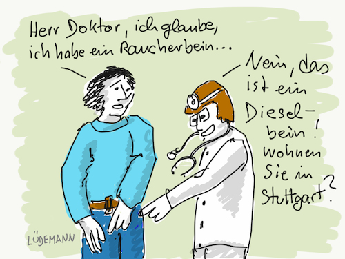 Cartoon: Dieselskandal und Gesundheit (medium) by Lüdemann tagged diesel,dieselgate,emission,abgase,vw,volkswagen,stickoxide,stickoxyde,feinstaub,co2,dieselskandal,automobilindustrie,fahrverbote,stuttgart,gesundheit,raucher,raucherbein,dieselbein,doktor,luedemann,lüdemann,diesel,dieselgate,emission,abgase,vw,volkswagen,stickoxide,stickoxyde,feinstaub,co2,dieselskandal,automobilindustrie,fahrverbote,stuttgart,gesundheit,raucher,raucherbein,dieselbein,doktor,luedemann,lüdemann