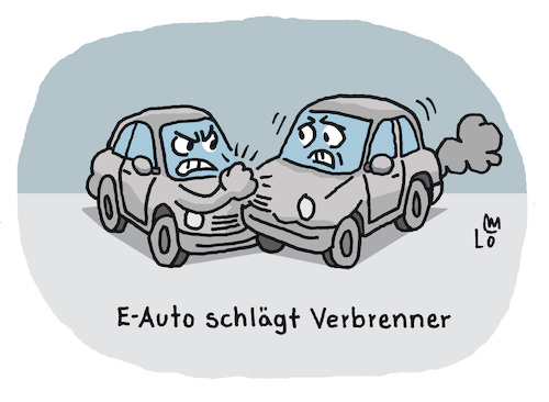 Cartoon: Autokampf (medium) by Lo Graf von Blickensdorf tagged elektroauto,verbrenner,hybrid,diesel,auto,benziner,kraftfahrzeug,karikatur,lo,graf,cartoon,tesla,elektroauto,verbrenner,hybrid,diesel,auto,benziner,kraftfahrzeug,karikatur,lo,graf,cartoon,tesla