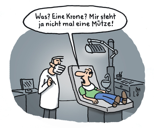 Cartoon: Beim Zahnarzt (medium) by Lo Graf von Blickensdorf tagged mütze,zahnarzt,missverständnis,praxis,bohrer,krone,zähne,zahn,dentist,patient,mann,krankenkasse,katikatur,lo,graf,cartoon,eitelkeit,mode,mütze,zahnarzt,missverständnis,praxis,bohrer,krone,zähne,zahn,dentist,patient,mann,krankenkasse,katikatur,lo,graf,cartoon,eitelkeit,mode