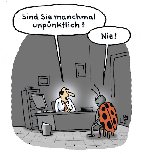 Cartoon: Bewerbungsgespräch II (medium) by Lo Graf von Blickensdorf tagged marienkäfer,pünktlich,punkte,unpünktlich,chef,bewerbung,gepräch,käfer,tier,personalchef,frage,schreibtisch,wortspiel,beruf,ladybug,marienkäfer,pünktlich,punkte,unpünktlich,chef,bewerbung,gepräch,käfer,tier,personalchef,frage,schreibtisch,wortspiel,beruf,ladybug