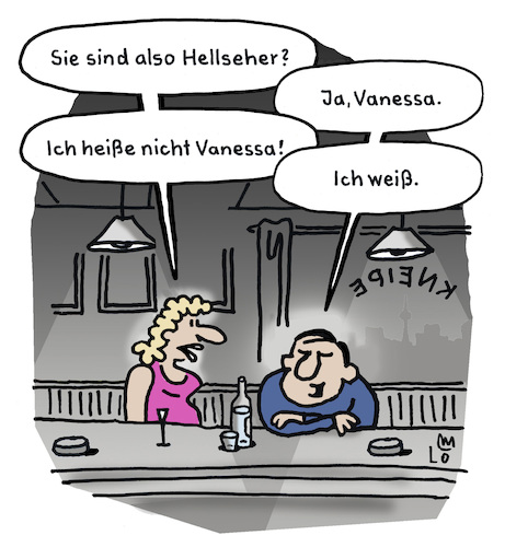 Cartoon: Date (medium) by Lo Graf von Blickensdorf tagged verabredung,beruf,hellseher,wahrsager,vanessa,dating,aufreißer,beziehung,date,flirt,anmache,anbaggern,datenight,liebe,verliebt,tinder,match,karikatur,lo,graf,cartoon,small,talk,kneipe,bar,alkohol,trick,verabredung,beruf,hellseher,wahrsager,vanessa,dating,aufreißer,beziehung,date,flirt,anmache,anbaggern,datenight,liebe,verliebt,tinder,match,karikatur,lo,graf,cartoon,small,talk,kneipe,bar,alkohol,trick