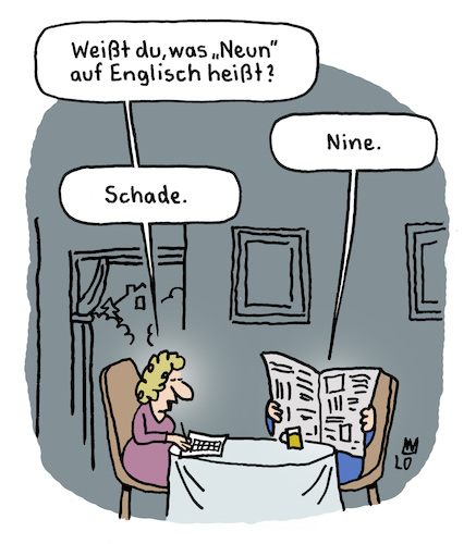 Cartoon: Englisch (medium) by Lo Graf von Blickensdorf tagged kreuzworträtsel,englisch,neun,nine,nein,mann,frau,küchentisch,frage,karikatur,lo,graf,cartoon,aussprache,deutsch,sprache,bildung,missverständnis,ehepaar,ehemann,ehefrau,kreuzworträtsel,englisch,neun,nine,nein,mann,frau,küchentisch,frage,karikatur,lo,graf,cartoon,aussprache,deutsch,sprache,bildung,missverständnis,ehepaar,ehemann,ehefrau