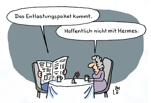 Cartoon: Entlastungspaket (medium) by Lo Graf von Blickensdorf tagged entlastungspaket,euro,ticket,inflation,teuerung,gaspreise,strompreise,bundesregierung,bundeskanzler,olaf,scholz,bürger,rentner,entlastung,ampel,koalition,klausur,hermes,paketversand,entlastungspaket,euro,ticket,inflation,teuerung,gaspreise,strompreise,bundesregierung,bundeskanzler,olaf,scholz,bürger,rentner,entlastung,ampel,koalition,klausur,hermes,paketversand