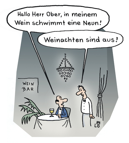 Cartoon: In der Weinbar (medium) by Lo Graf von Blickensdorf tagged wortspiel,wein,kellner,herr,ober,gast,kunde,zahlen,neun,acht,weinachten,weihnachten,karikatur,lo,cartoon,weinbar,bar,kneipe,gaststätte,beschwerde,reklamation,mann,getränk,alkohol,lebensmittel,sommelier,restaurant,lokal,wortspiel,wein,kellner,herr,ober,gast,kunde,zahlen,neun,acht,weinachten,weihnachten,karikatur,lo,cartoon,weinbar,bar,kneipe,gaststätte,beschwerde,reklamation,mann,getränk,alkohol,lebensmittel,sommelier,restaurant,lokal