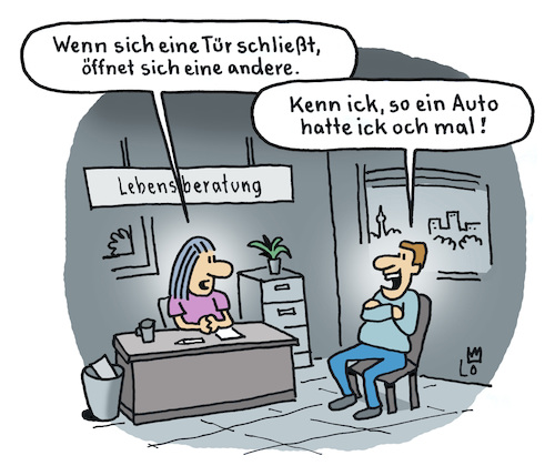 Cartoon: Lebensberatung (medium) by Lo Graf von Blickensdorf tagged krisendienst,beratungsstelle,lebenskrise,tür,zu,auto,katikatur,lo,graf,cartoon,seelsorge,psychologin,beratung,krisendienst,beratungsstelle,lebenskrise,tür,zu,auto,katikatur,lo,graf,cartoon,seelsorge,psychologin,beratung