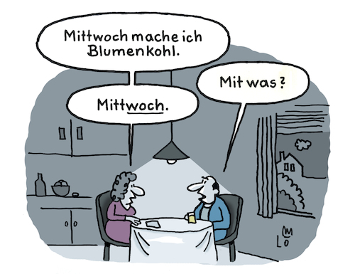 Cartoon: Mittagessen (medium) by Lo Graf von Blickensdorf tagged küche,mittagessen,blumenkohl,mittwoch,wortspiel,kochen,ehepaar,beziehung,paar,mann,frau,küchentisch,karikatur,lo,graf,cartoon,essen,nahrung,alltag,wochentag,küche,mittagessen,blumenkohl,mittwoch,wortspiel,kochen,ehepaar,beziehung,paar,mann,frau,küchentisch,karikatur,lo,graf,cartoon,essen,nahrung,alltag,wochentag