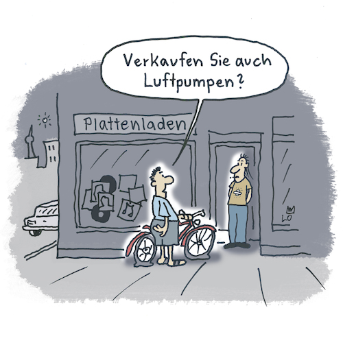 Cartoon: Reifenpanne (medium) by Lo Graf von Blickensdorf tagged vinyl,schallplatten,oldies,fahrrad,mann,krise,reifenpanne,platt,biker,geschäft,shop,vinyl,schallplatten,oldies,fahrrad,mann,krise,reifenpanne,platt,biker,geschäft,shop