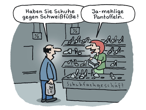 Cartoon: Schuhkauf (medium) by Lo Graf von Blickensdorf tagged schuhe,schweißfüße,mehlige,pantoffeln,kartoffeln,wortspiel,schuhladen,verkäuferin,karikatur,lo,graf,cartoon,witz,schuh,schuhe,schweißfüße,mehlige,pantoffeln,kartoffeln,wortspiel,schuhladen,verkäuferin,karikatur,lo,graf,cartoon,witz,schuh