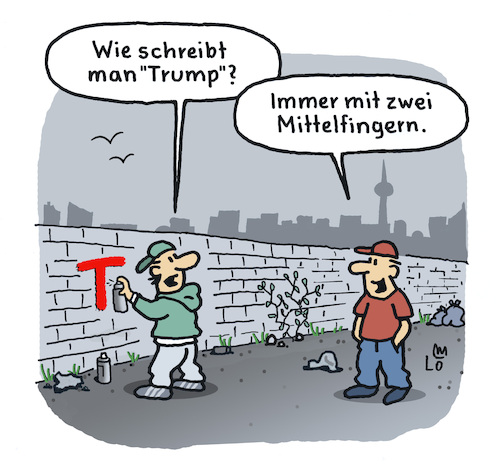 Cartoon: Trump (medium) by Lo Graf von Blickensdorf tagged schreibweise,grammatik,tagger,donald,trump,graffiti,mauer,sprühdose,karikatur,lo,graf,cartoon,sprayer,banksy,kunst,takes,spraydose,can,schreibweise,grammatik,tagger,donald,trump,graffiti,mauer,sprühdose,karikatur,lo,graf,cartoon,sprayer,banksy,kunst,takes,spraydose,can