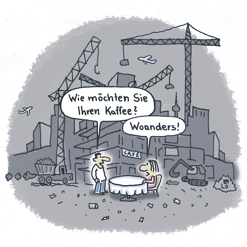 Cartoon: Ungemütlich (medium) by Lo Graf von Blickensdorf tagged baustelle,kaffee,kellner,frau,ober,cartoon,lo,cafe,berlin,lärm,schmutz,unruhe,ungemütlich,karikatur,stadt,umwelt,wohnungsbau,fluglärm,ruhestörung,gesundheit,baustelle,kaffee,kellner,frau,ober,cartoon,lo,cafe,berlin,lärm,schmutz,unruhe,ungemütlich,karikatur,stadt,umwelt,wohnungsbau,fluglärm,ruhestörung,gesundheit