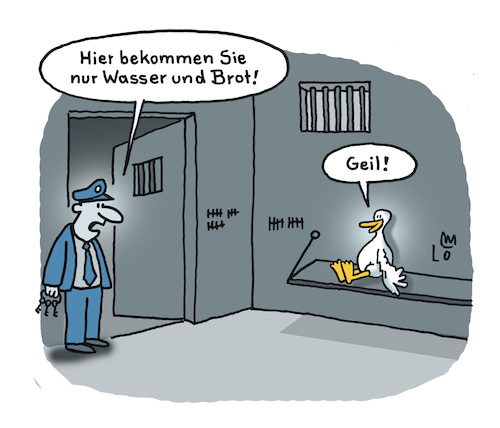 Cartoon: Wasser und Brot (medium) by Lo Graf von Blickensdorf tagged gefängnis,ente,wärter,wasser,znd,brot,justizvollzugsanstalt,strafe,gewahrsam,ernährung,ententeich,pritsche,zelle,haftzelle,karikatur,lo,graf,cartoon,tiere,politik,richter,zuchthaus,strafvollzug,gefängnis,ente,wärter,wasser,znd,brot,justizvollzugsanstalt,strafe,gewahrsam,ernährung,ententeich,pritsche,zelle,haftzelle,karikatur,lo,graf,cartoon,tiere,politik,richter,zuchthaus,strafvollzug