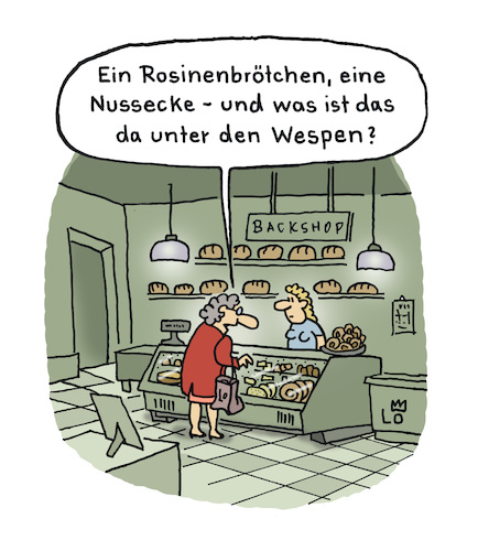 Cartoon: Wespenplage (medium) by Lo Graf von Blickensdorf tagged wespen,bäckerei,konditorei,backshop,frau,kundin,verkäuferin,kuchen,torte,rosinenbrötchen,nussecke,cartoon,lo,karikatur,biene,wespenplage,wespen,bäckerei,konditorei,backshop,frau,kundin,verkäuferin,kuchen,torte,rosinenbrötchen,nussecke,cartoon,lo,karikatur,biene,wespenplage