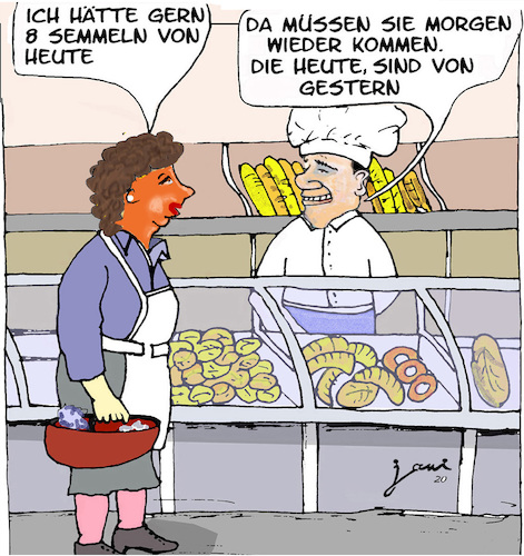 Cartoon: Schnee von gestern (medium) by jpn tagged bäcker,semmeln,hausfrau,frisch,supermarkt,morgen,ist,heute,schon,gestern
