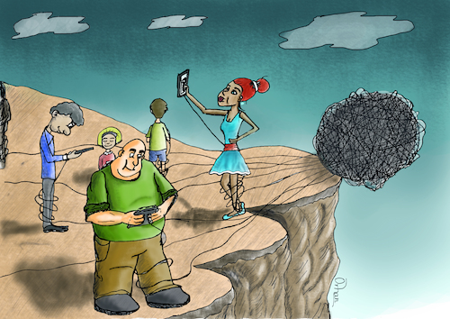 Cartoon: social media (medium) by Orhan ATES tagged social,media,cartoon,telephone,cliff,hypnosis,humanity,connecting