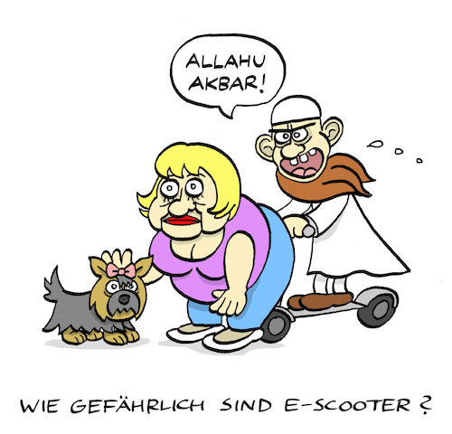 Cartoon: Risiko E-Scooter (medium) by Bregenwurst tagged elektromobilität,scooter,islamismus,tretroller,hündchen
