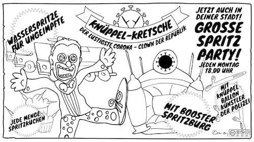 Cartoon: Knüppel - Kretsche lädt ein! (medium) by Cory Spencer tagged corona,coronademo,montagsdemo,sachsen,kretschmer,covid19,impfung,zwangsimpfung,impfpflicht,cdu,spd,fdp,afd,dielinke,gruene