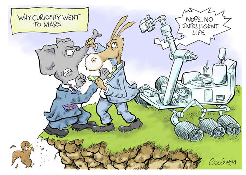 Cartoon: Curiosity (medium) by Goodwyn tagged fight,bird,cliff,mars,curiosity,republican,democrat,elephant,donkey