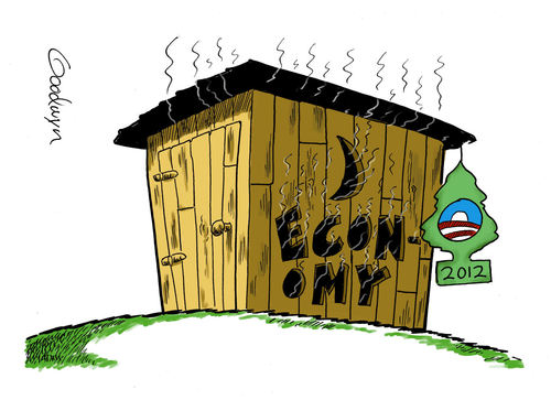 Cartoon: Economy Outhouse (medium) by Goodwyn tagged pine,outhouse,toilet,bathroom,smell,grass,obama,air,freshener
