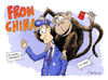 Cartoon: From China (small) by Goodwyn tagged china,america,olympics,monkey,uniform,tags,debt,economy