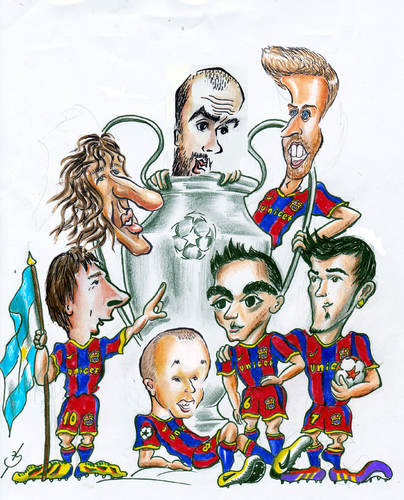 Cartoon: Barcelona campeone (medium) by bebetokaspi tagged messi,iniesta,xavi,villa,guardiola,puyol,pique