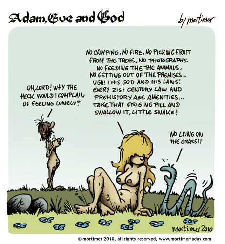 Cartoon: adam Eve and God 09 (medium) by mortimer tagged mortimer,mortimeriadas,cartoon,comic,gag,biblical,adam,eve,god,snake,bible,christian,holy,leaf,love,erotic,hairy,belly,blonde,flowers,paradise,eden,original,sin