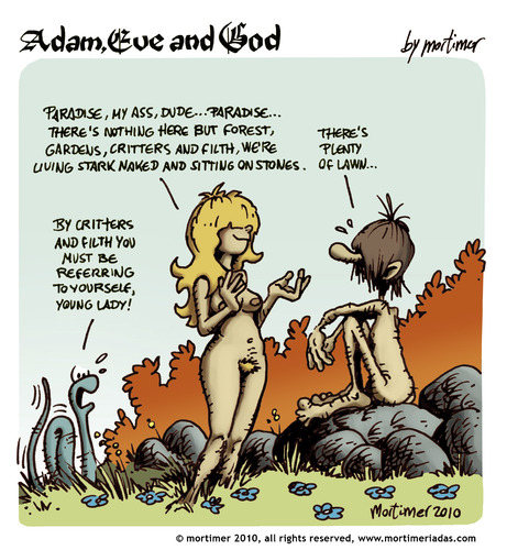 Cartoon: adam Eve and God 11 (medium) by mortimer tagged mortimer,mortimeriadas,cartoon,comic,gag,biblical,adam,eve,god,snake,bible,christian,holy,leaf,love,erotic,hairy,belly,blonde,flowers,paradise,eden,original,sin