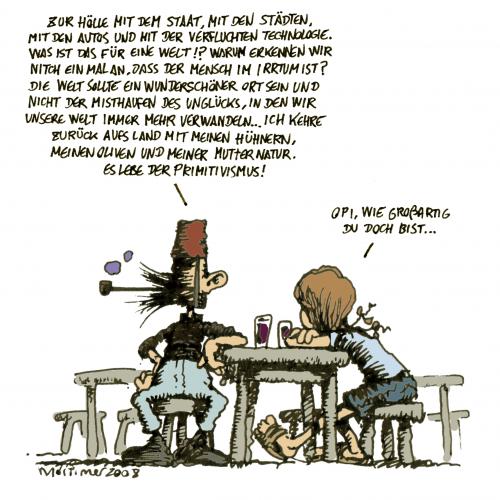 Cartoon: Eine wundervolle Welt (medium) by mortimer tagged mortimer,mortimeriadas,cartoon,primitivismus,primitiv,menschheit,menschen,entwicklungfortschritt,technik,technologie,philosophie,philosoph,aussteiger,opa,großeltern,alter,generationen,generation,enkelkinder,leben,kinder,kind,vorbild