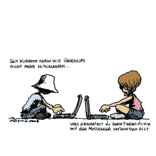 Cartoon: Eine wundervolle Welt (medium) by mortimer tagged mortimer,mortimeriadas,cartoon,internet,incomunicacion,messenger,online,beziehung,kindheit,kinder,jugend,jugendliche,partnerschaft,freunde,freundschaft,liebe,kommunikation,alltag,internet,www,web,online,computer,rechner,pc,laptop,notebook,messenger,sucht,süchtig,internetsucht,abhängigkeit,freizeit,unterhaltung,sprechen,reden,schreiben,text,message,informationsgesellschaft,fortschritt,entwicklung,technik,kultur,gesellschaft,beschäftigung,icq,msn,chat,chatten,chatroom,community,email,instant messaging,netz,netzkultur,netzwerk,offline,surfen,virtualität,vernetzung,user,web 20,instant,messaging,20