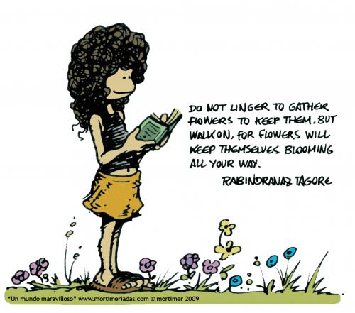 Cartoon: READING TAGORE (medium) by mortimer tagged mortimer,mortimeriadas,cartoon,wonderful,world,rabindranaz,tagore,rabindranath,poetry,flowers,ecologist,illustration,illustrationen,mädchen,wiese,natur,umwelt,blumen,blume,pflanzen,garten