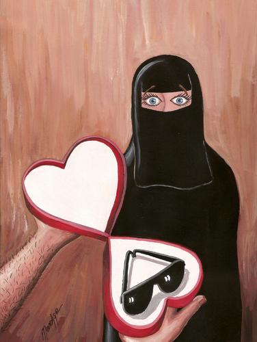 Cartoon: Gift (medium) by menekse cam tagged heart,love,sunglasses,black,burka,men,women,man,woman,gift,day,valentines,kadin,ask,baski,gender,relationship,marriage