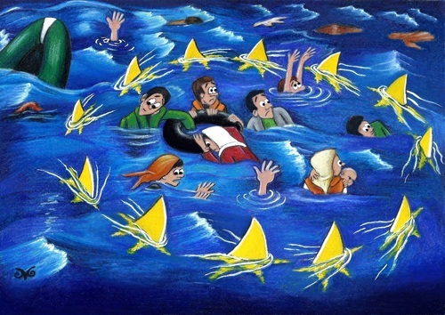 Cartoon: Hello Europe (medium) by menekse cam tagged europe,syrian,refugees,sea,boat,stars,eu,avrupa,birligi,ab,multeciler